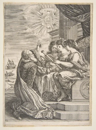Galileo and personifications of Astronomy, Perspective and Mathematics, frontispiece for 'Opere di Galileo Galilei'