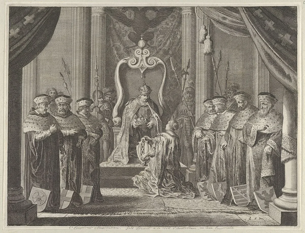 Plate 8: Emperor Maximilian II granting a crown to the coat of arms of Amsterdam, from Caspar Barlaeus, "Medicea Hospes" — Joan and Cornelius Blaeu|Pieter Nolpe|Claes Moeyaert|Caspar Barlaeus