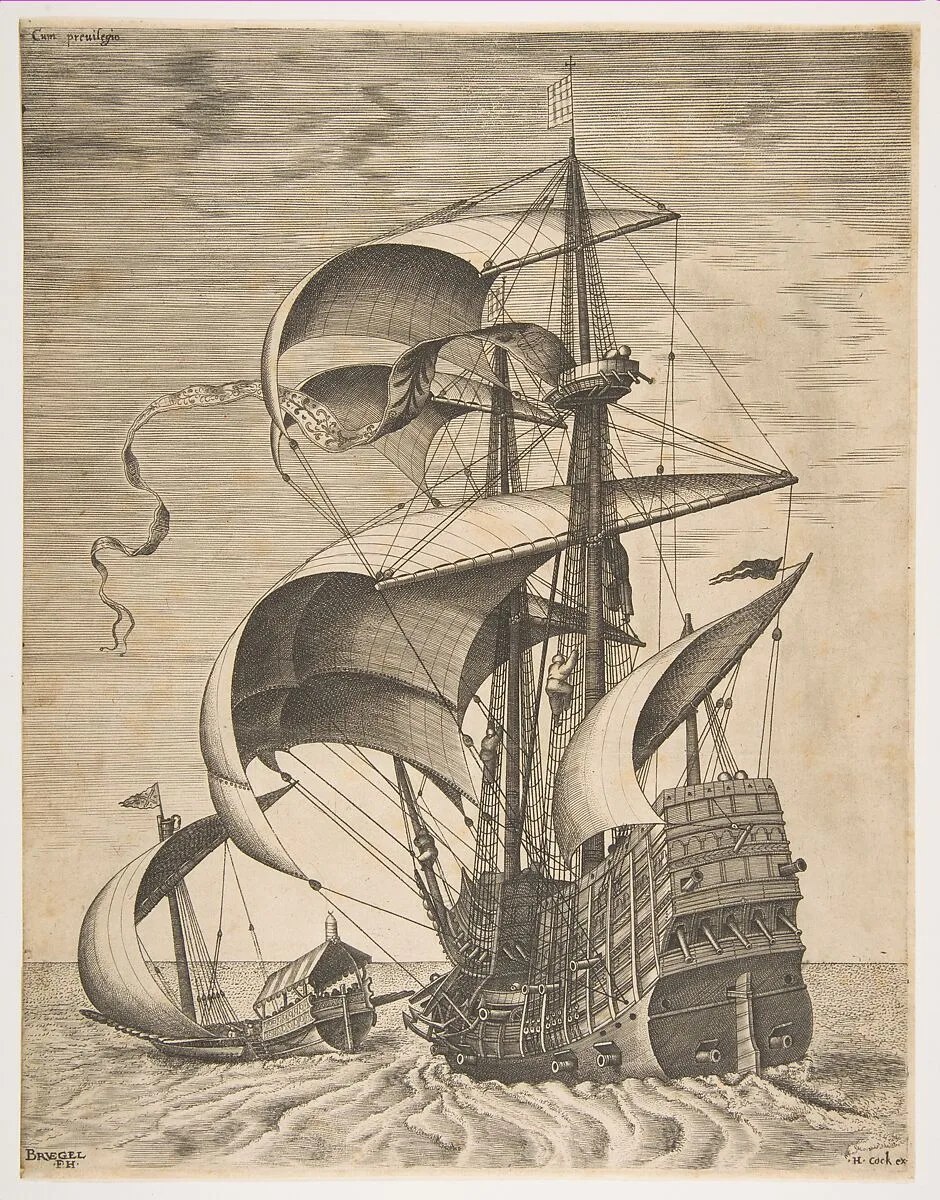 Armed Three-Master on the Open Sea Accompanied by a Galley, from the series Sailing Vessels — Pieter Bruegel the Elder|Frans Huys|Hieronymus Cock