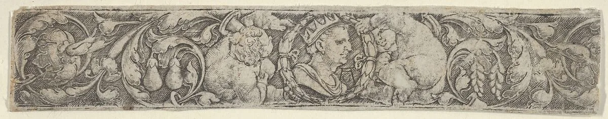 Frieze with Children Supporting the Bust of an Emperor Surrounded by Foliate Scrolls — Heinrich Aldegrever
