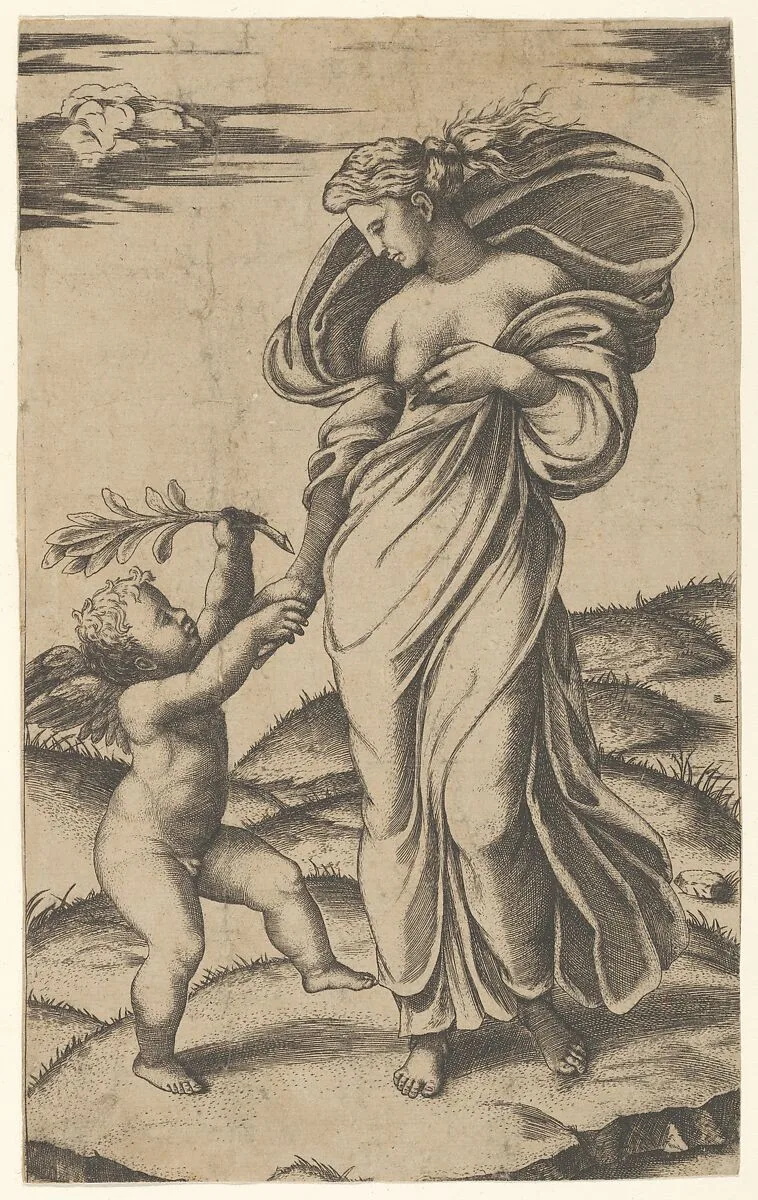 An allegory of Peace; Peace personified as a woman standing in a landscape holding the left hand of a winged genius — Marcantonio Raimondi