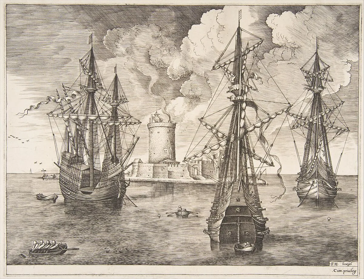 Four-master and Two Three-masters Anchored near a Fortified Island, from "The Sailing Vessels" — Frans Huys|Pieter Bruegel the Elder|Hieronymus Cock