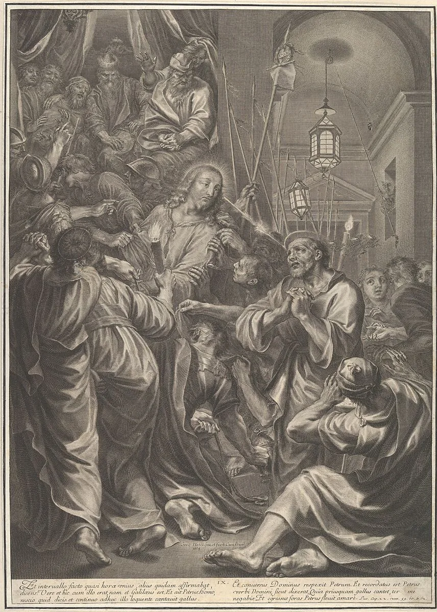 Christ Before Caiaphas looks to St. Peter, who Denies Him, from The Passion of Christ, plate 9 — Grégoire Huret