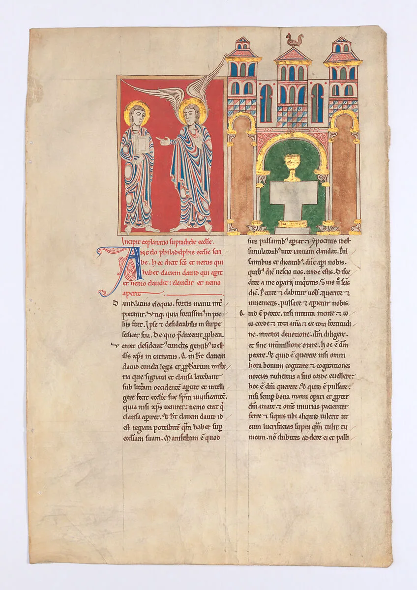 Leaf from a Beatus Manuscript: the Angel of the Church of Philadelphia with Saint John — Unknown