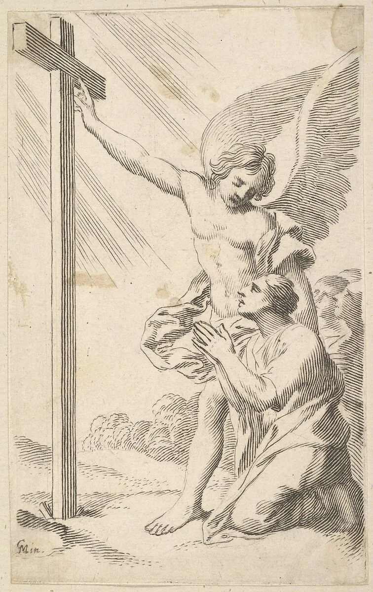 An Angel Indicates a Cross to a Man Kneeling — Claude Mellan