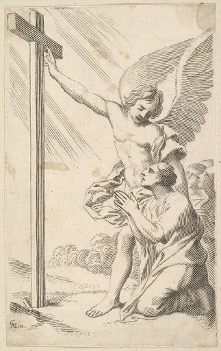 An Angel Indicates a Cross to a Man Kneeling