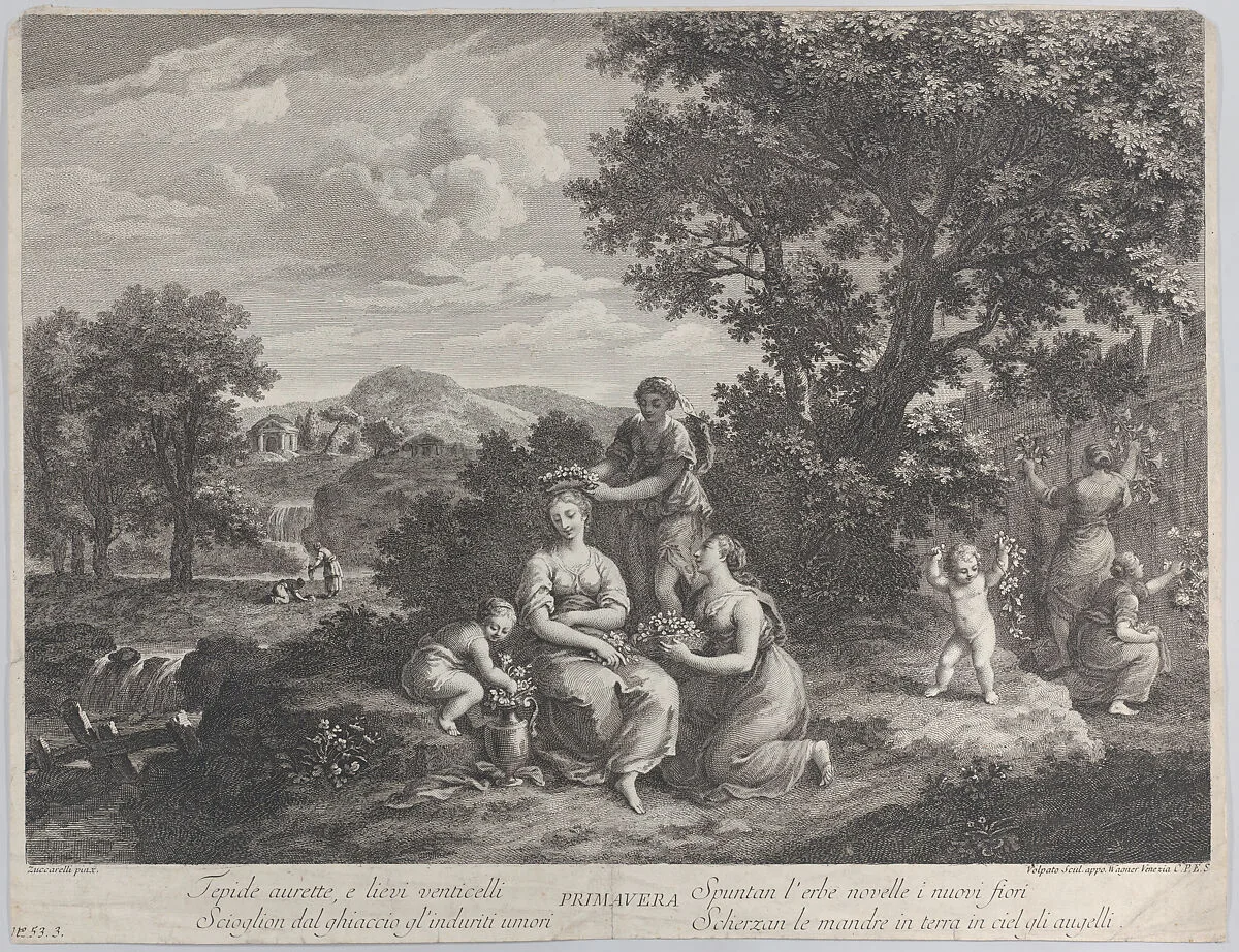 Primavera, a group of women collecting flowers and making crowns from them — Giovanni Volpato|Joseph Wagner|Francesco Zuccarelli