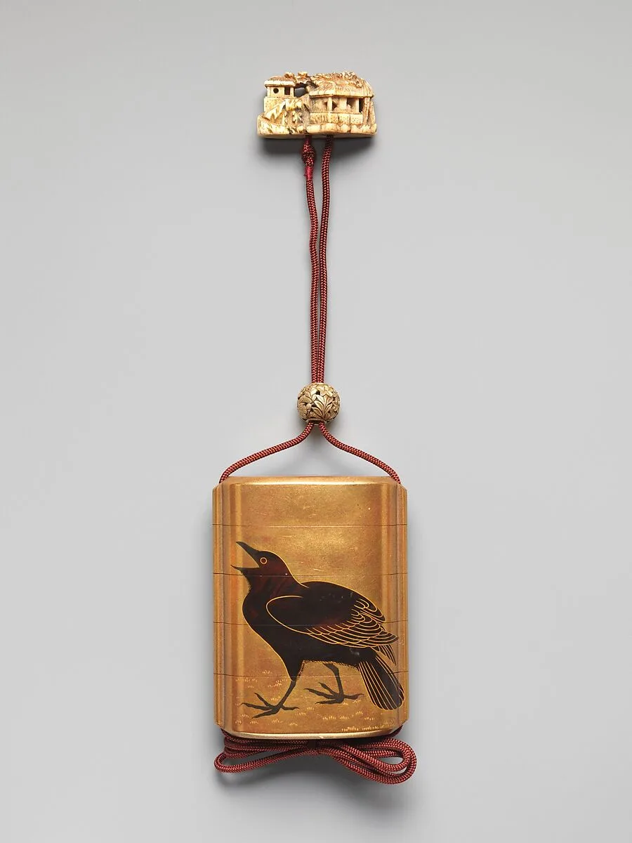 鷺鴉蒔絵印籠|Inrō with Herons among Reeds (obverse); Crow (reverse) — Unknown