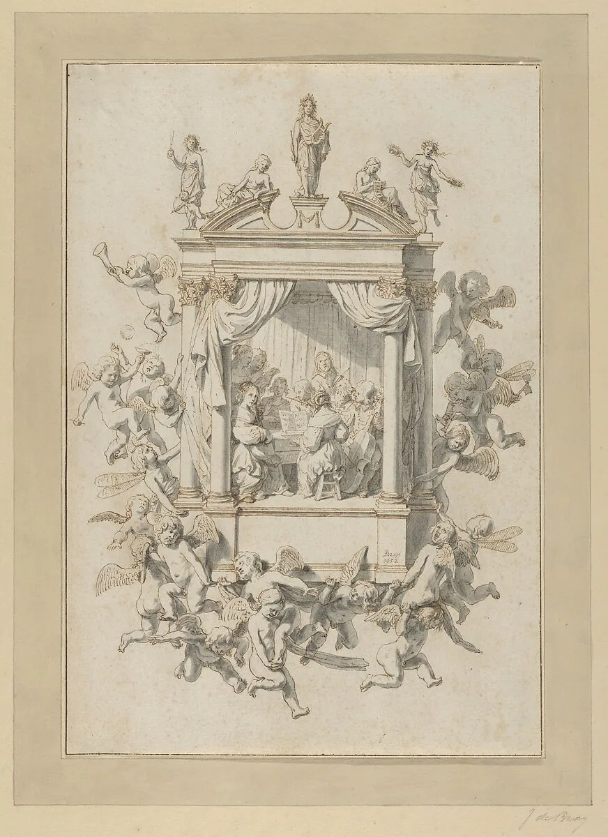 A Group of Men and Women Playing Chamber Music Within a Portico, Surmounted by Statues of Apollo and Female Figures, and Surrounded by Putti — Jan de Bray