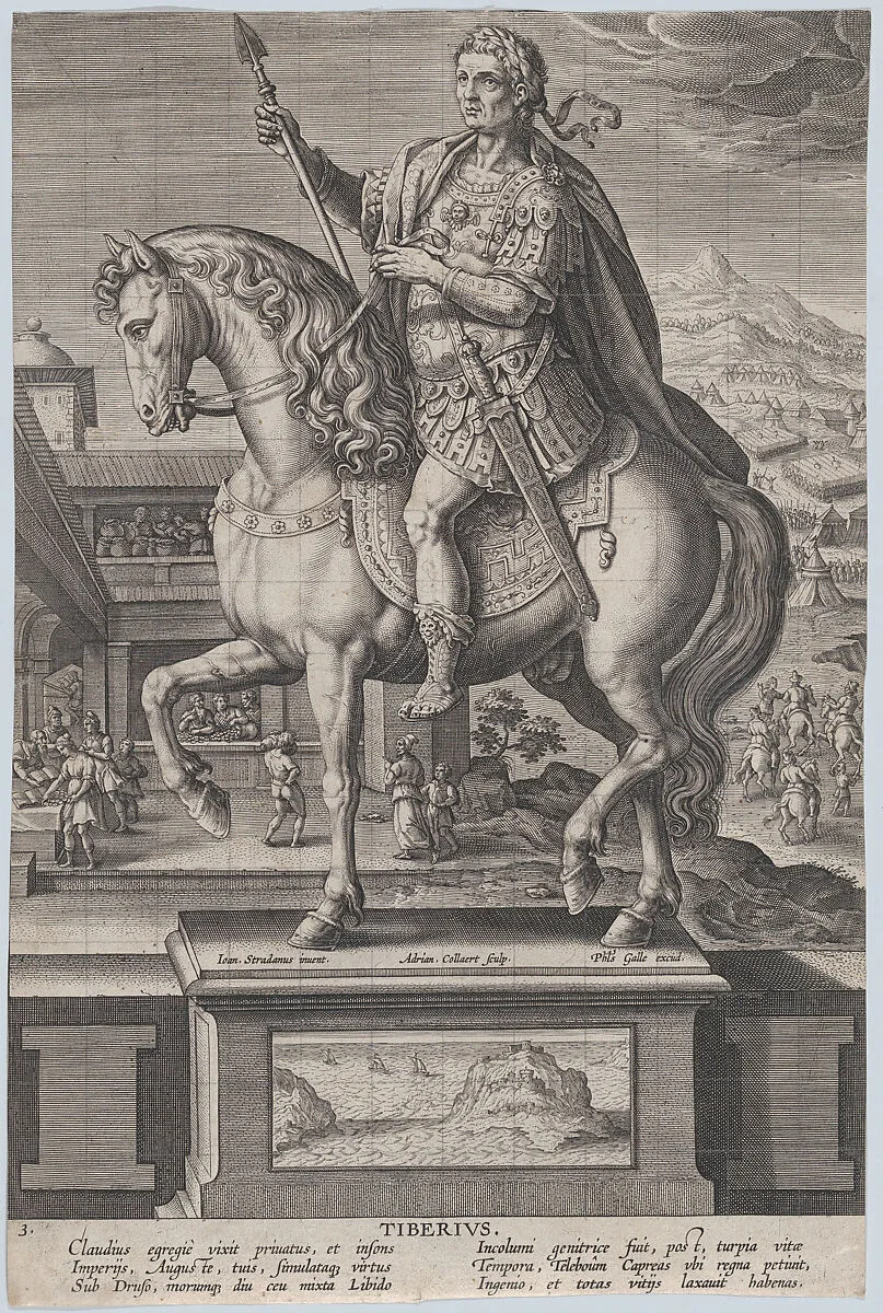 Plate 3: equestrian statue of Tiberius, in profile to the left, with a naval landscape on pedestal below, from 'Roman Emperors on Horseback' — Philips Galle|Adriaen Collaert|Jan van der Straet, called Stradanus