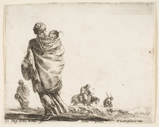A poor woman to left, seen from behind, enveloping her child in a shawl, another woman seen from behind to left in background, a woman atop a horse and a man to right in background, plate 21 from "Diversi capricci"
