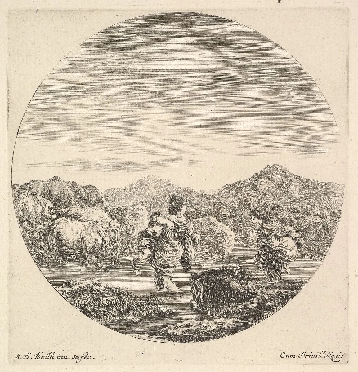 A woman carrying a child in center, seen from behind, another woman to right, facing left, following a group of cows across a river, a round composition, from 'Six animal subjects' (Six sujets d'animaux) — Stefano della Bella