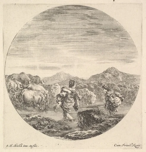 A woman carrying a child in center, seen from behind, another woman to right, facing left, following a group of cows across a river, a round composition, from 'Six animal subjects' (Six sujets d'animaux)