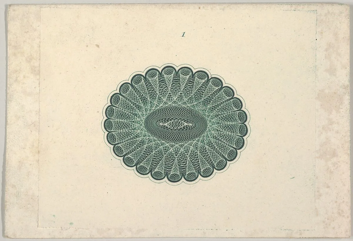 Banknote motif: oval lathe work ornament resembling a lace ruff — A. B. & C. Durand & Company|Durand, Perkins, and Company|Cyrus Durand