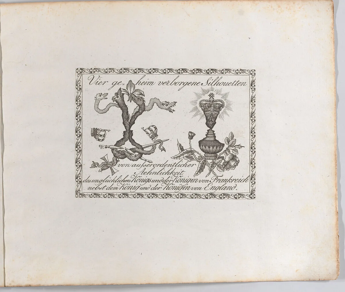 Landscape containing "Four Secretly Hidden Silhouettes" — George III, King of Great Britain and Ireland|Charlotte, Queen of England|Marie Antoinette, Queen of France|Louis XVI, King of France|Anonymous, German, 18th century