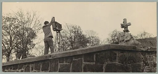 [Walker Evans with 8 x 10" View Camera Photographing in Bethlehem, Pennsylvania Graveyard]