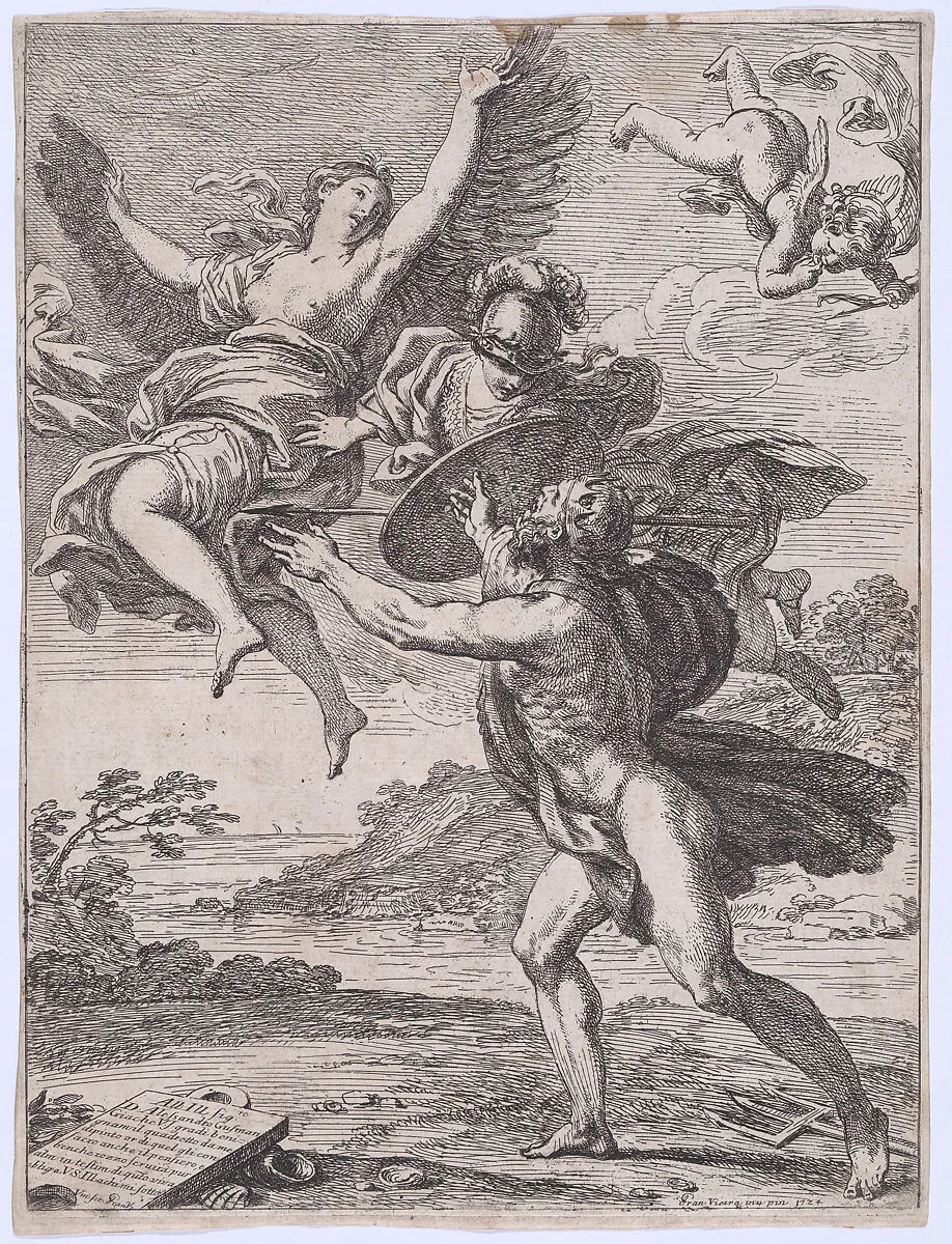 Neptune pursuing Coronis; Minerva interposes herself and turns Coronis into a crow — Francisco Vieira de Mattos (Il Lusitano)