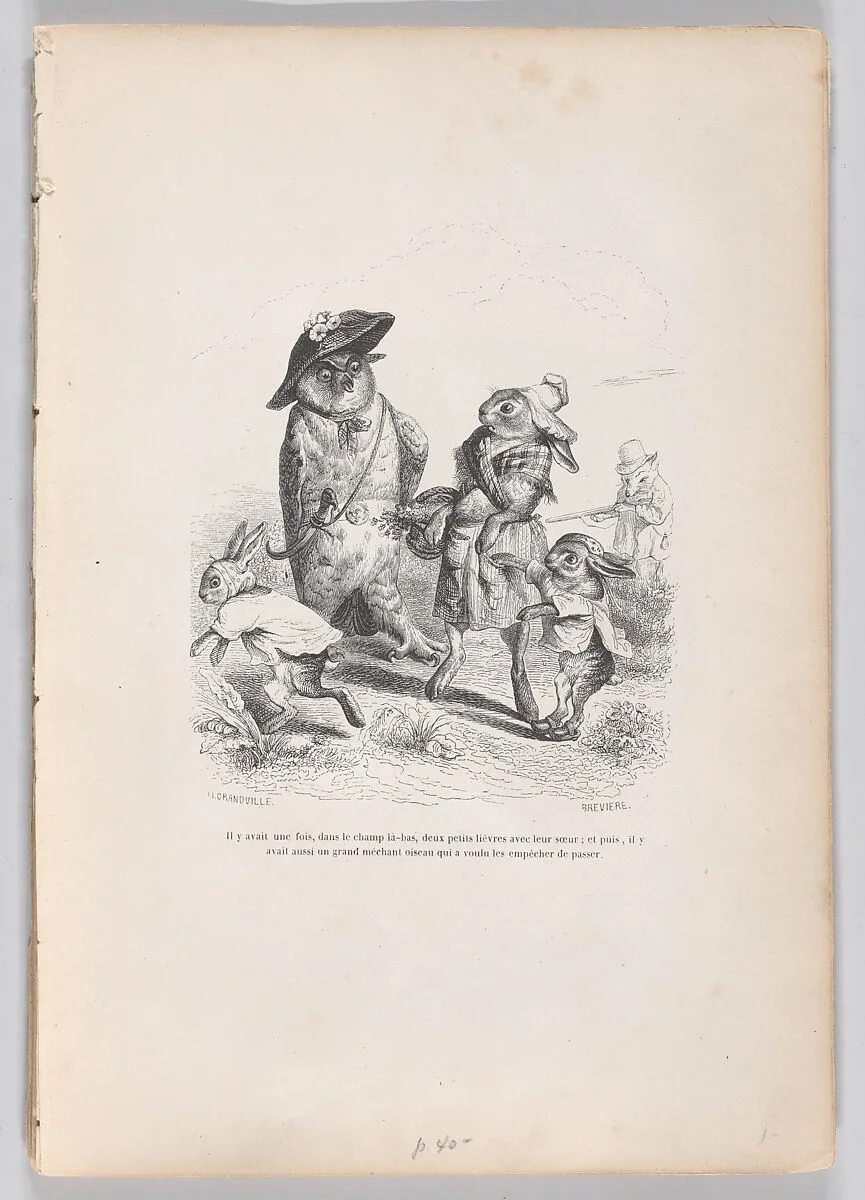 "There was once, in the camp there, two little hares with their sister, and then there was also a big bad bird who wanted to stop them from passing" from Scenes from the Private and Public Life of Animals — Honoré de Balzac|J. J. Grandville|Louis-Henri Brevière