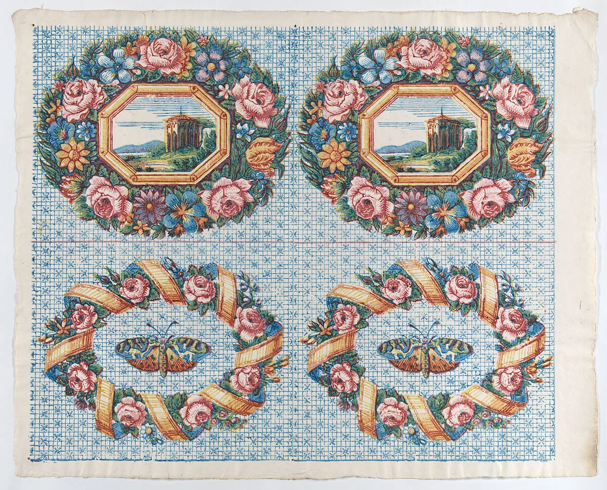 Sheet with two borders with a landscape and moth within wreaths — Remondini Family|Anonymous