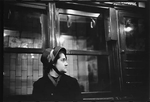 [Three 35mm Film Frames: Subway Passengers, New York City: Woman in Black Bonnet]