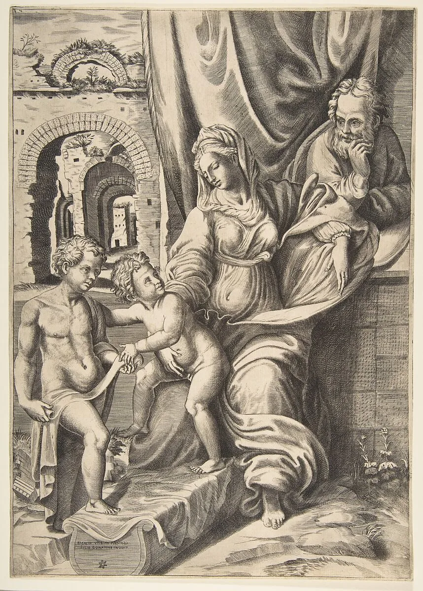 The Holy Family and the infant John the Baptist — Giulio Bonasone|Raphael (Raffaello Sanzio or Santi)