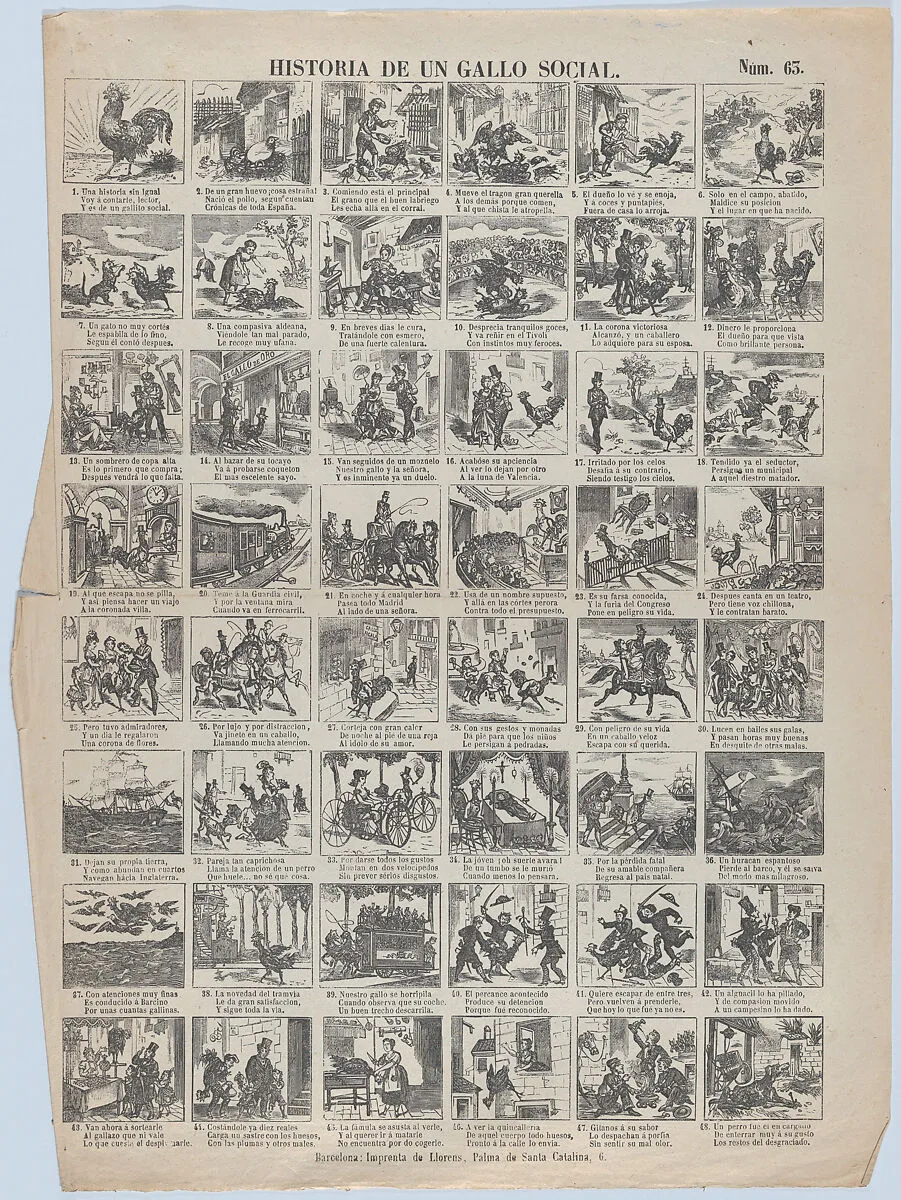 Broadside with 48 scenes telling the story of the chicken (social advancement and decline) — Juan Llorens