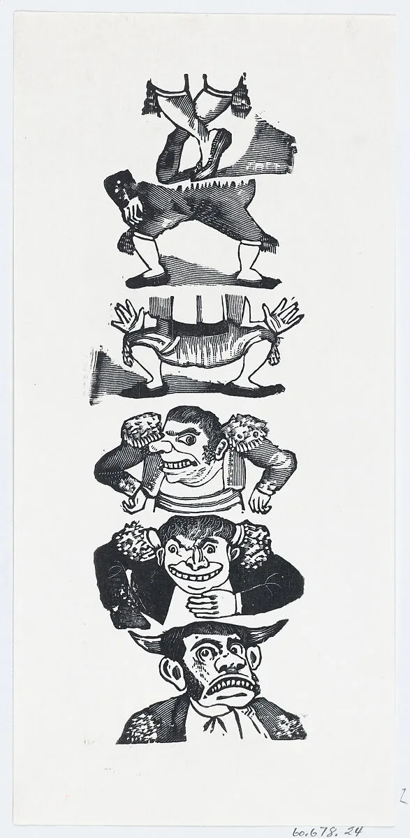 Three different busts and pairs of legs of toreros — José Guadalupe Posada|José Sanchez