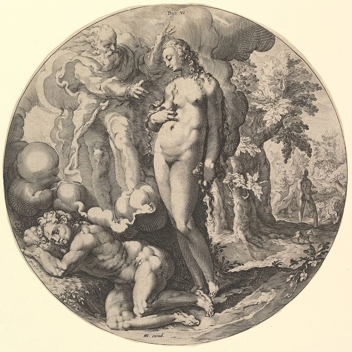 The Sixth Day (Dies VI): The Creation of Adam and Eve, from The Creation of the World, a series of seven plates — Hendrick Goltzius|Jan Muller|Hendrick Goltzius
