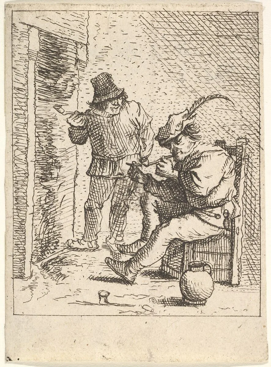 Two male peasants holding pipes before a fireplace, one seated with the pipe held to his mouth, to his left the other stands with the pipe in his right hand, after a series of four prints of peasants by David Teniers the Younger — David Teniers the Younger