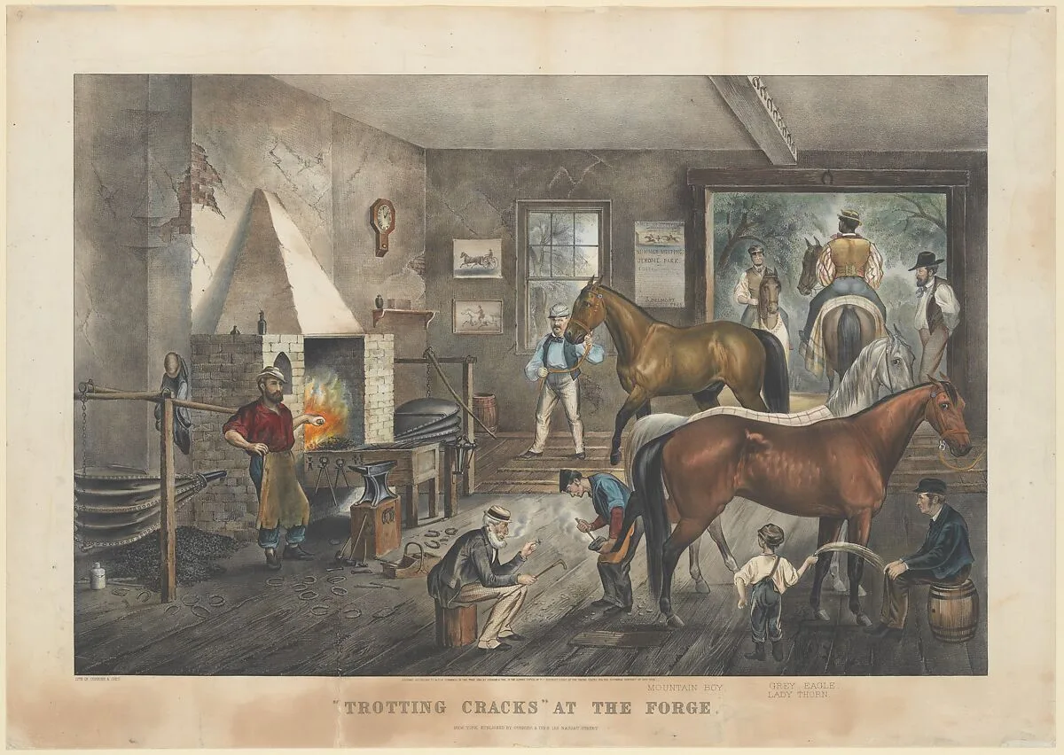 "Trotting Cracks" at the Forge — Currier & Ives