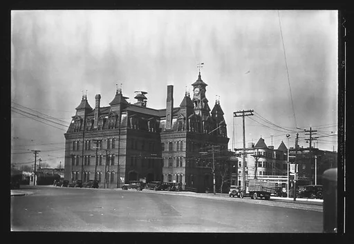 [Gothic Revival Building with Clocktower, Police Station, Cambridge, Massachusetts]