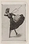Female figure in strong wind holding hat and hat box card (W500) — Unknown
