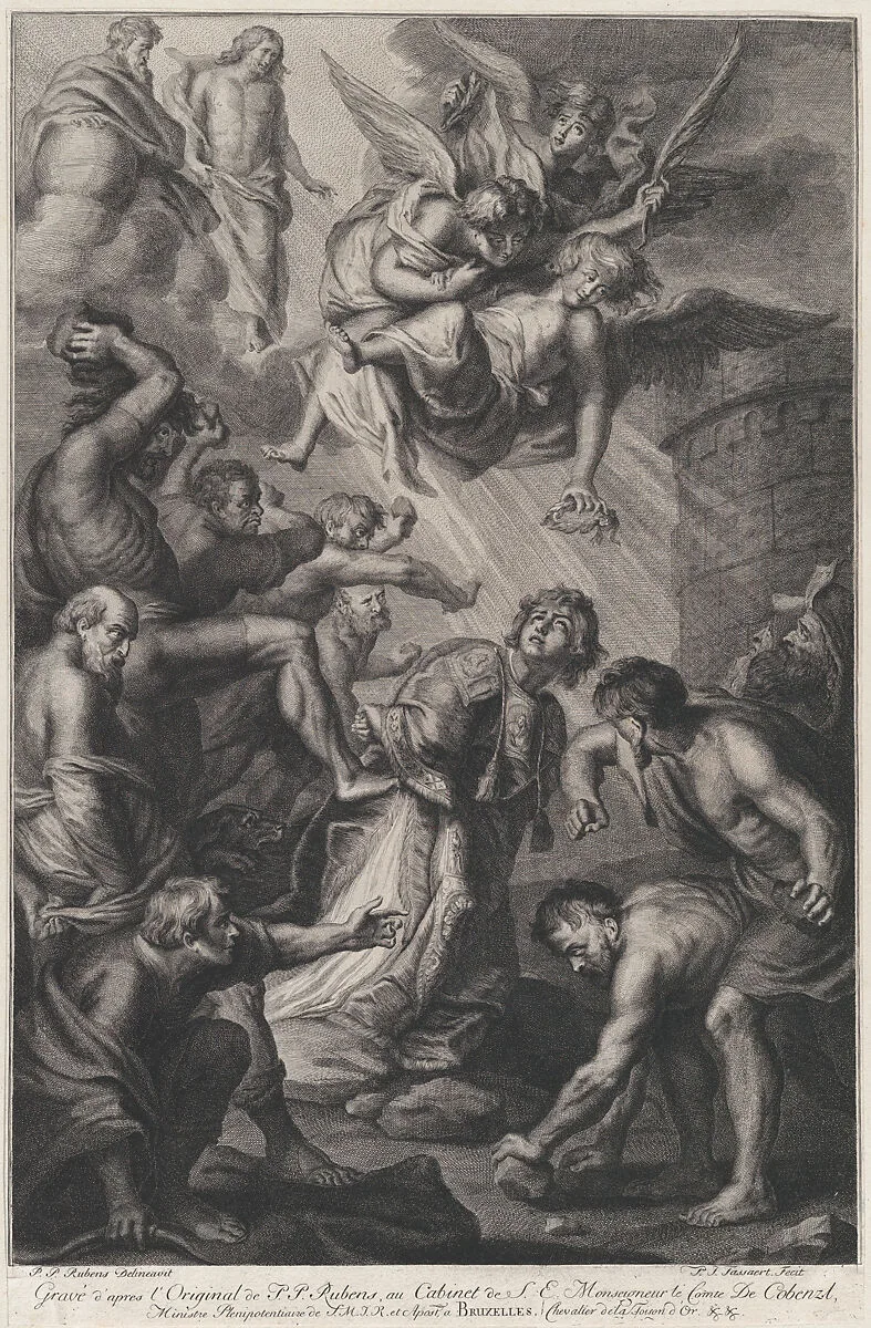 The Martyrdrom of Saint Stephen, kneeling at center while persecutors throw stones at him, three angels holding a laurel wreath overhead, and Christ and God the Father in the clouds at upper left — Peter Paul Rubens|Phillip Joseph Tassaert