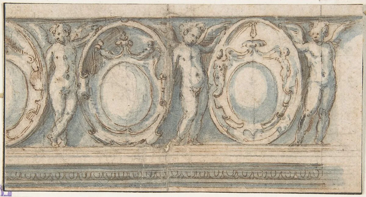 Design for a Decorated Frieze with Alternation of Cartouches and Winged Putti — Luzio Luzzi (also known as Luzio Romano, Luzio da Todi)