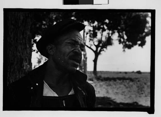 [Man Wearing Cap and Overalls Next to Tree, Hale County?, Alabama]