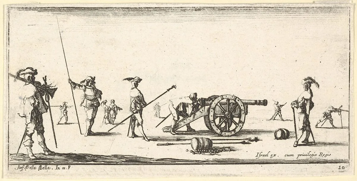 Plate 10: a soldier charging a cannon in center, other soldiers with picks standing at left and right, from 'Troops, cannons, and attacks on towns' (Dessins de quelques conduites de troupes, canons, et ataques de villes) — Stefano della Bella|Israël Henriet