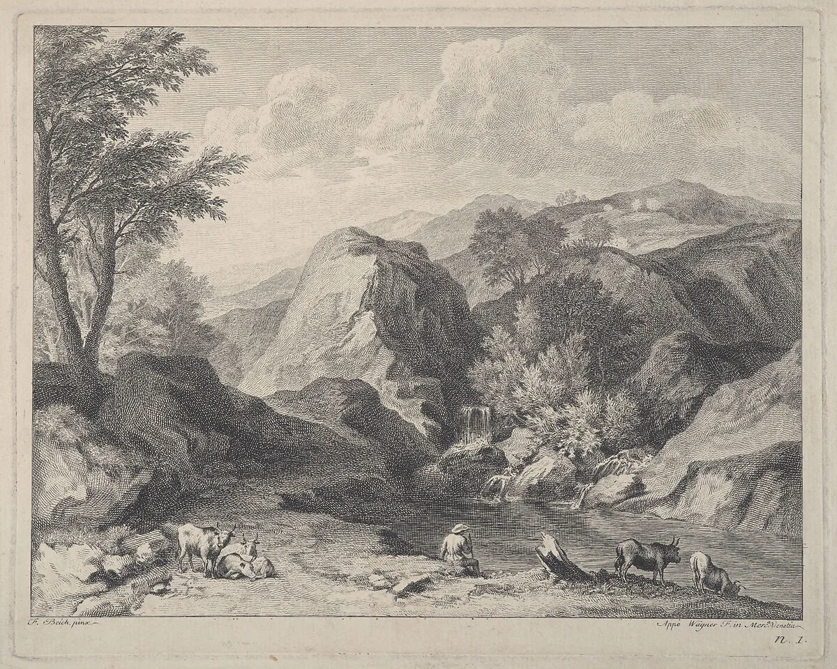 Mountainous landscape with herdsmen and cows — Joseph Wagner|Franz Joachim Beich