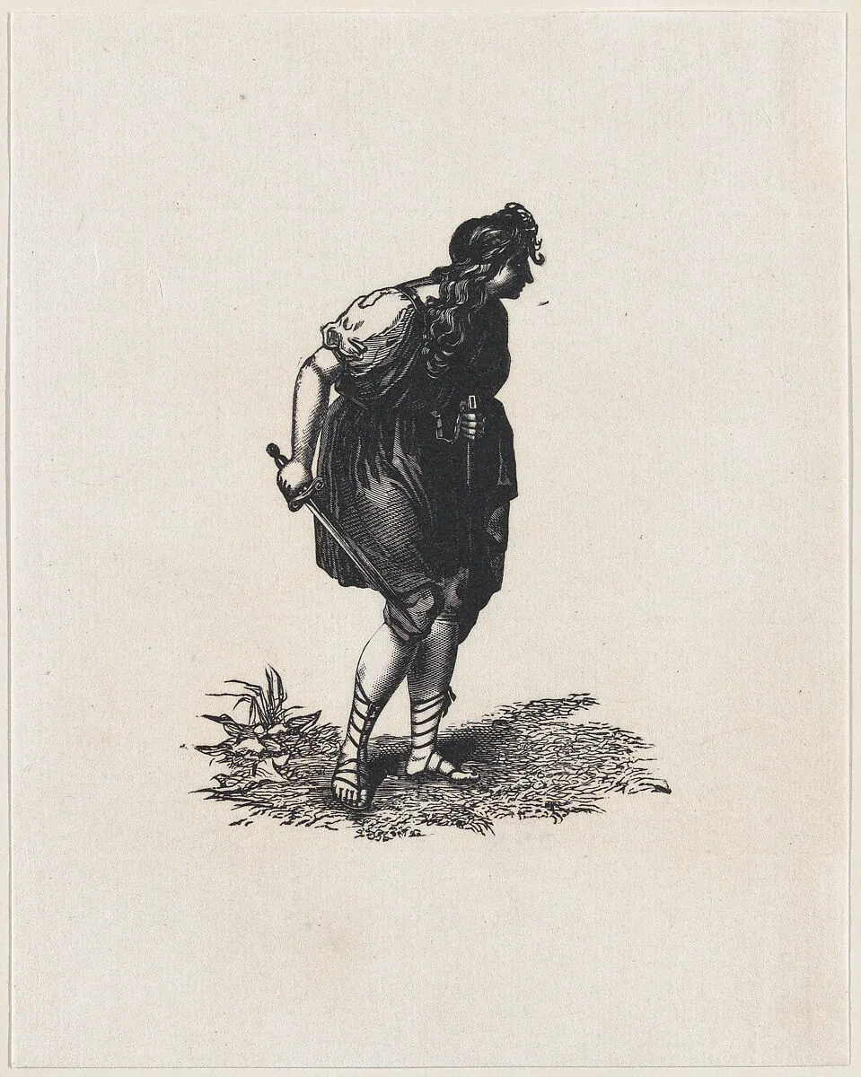 Imogen hunched over holding a sword, scene from Shakespeare, Cymbeline, Act 3 Scene 6 — Anonymous, Mexican