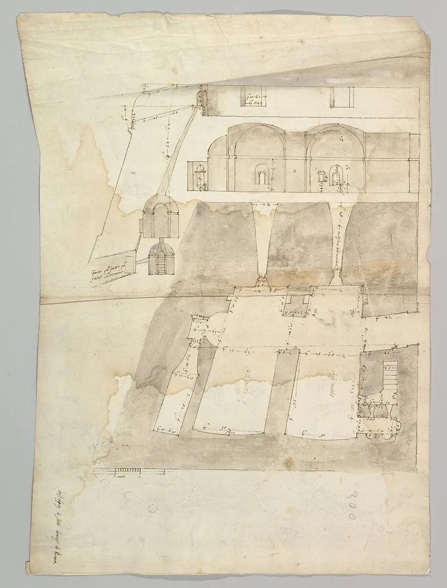 Bastione Ardeatino, Rome, plan and section (recto) Bastione Ardeatino, Rome, plans (verso) — Anonymous, French, 16th century