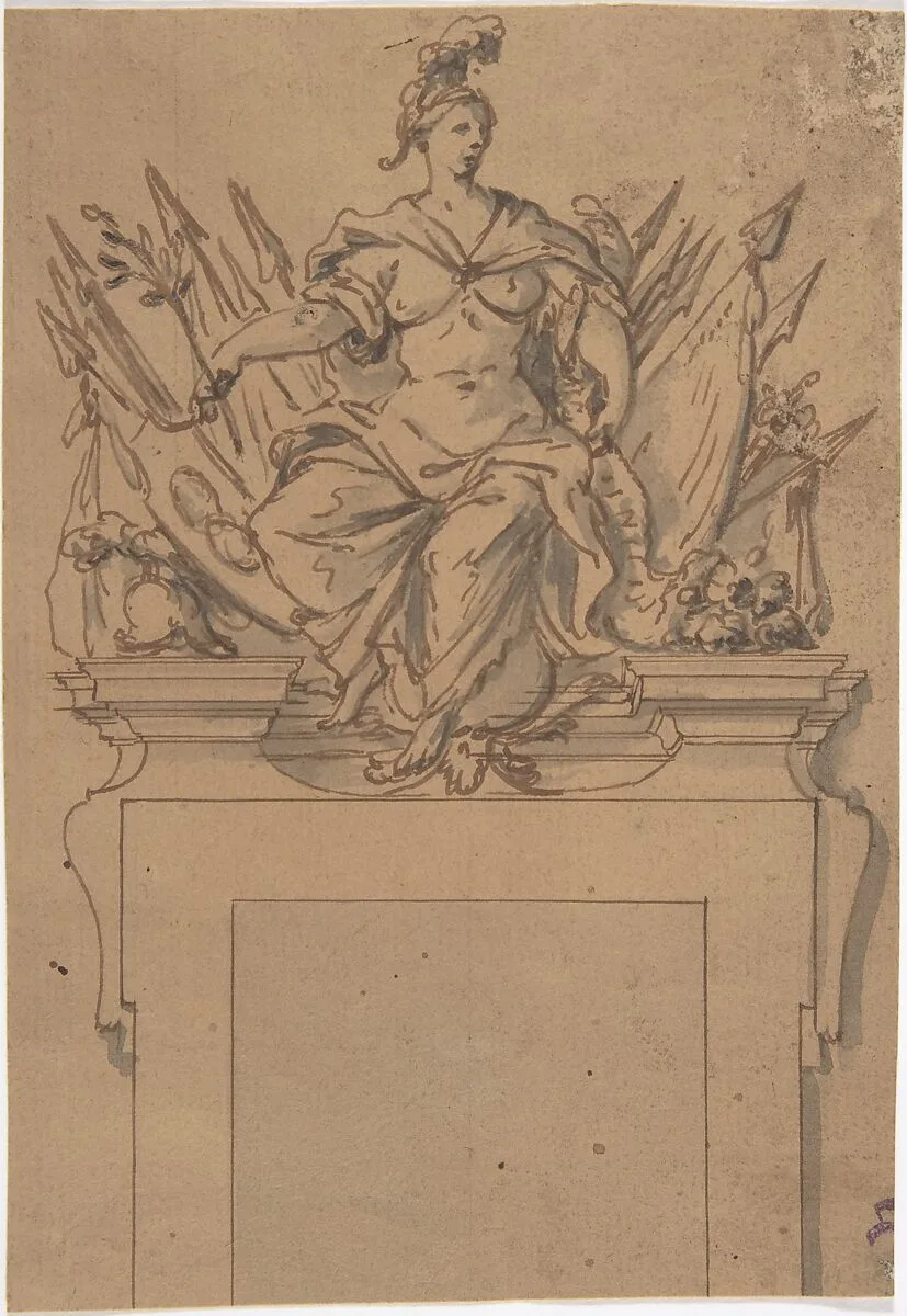 Design for an Overdoor or Chimney Piece with an Armorial Trophy and the personification of Victory — Anonymous, French, 18th century