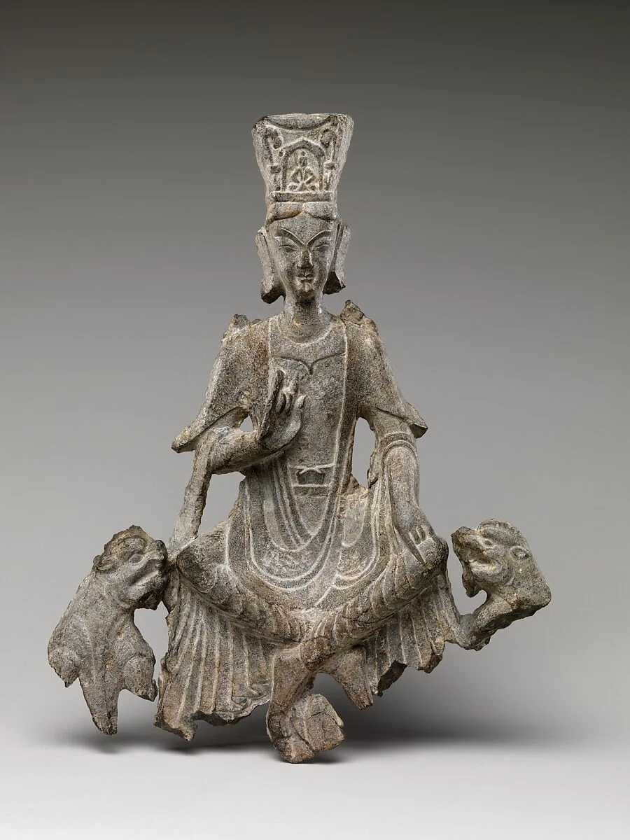 北魏 石雕菩薩坐像|Seated bodhisattva (Maitreya) with two lions — Unknown