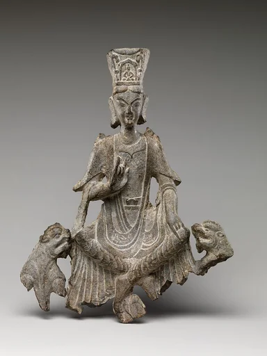 北魏　石雕菩薩坐像|Seated bodhisattva (Maitreya) with two lions