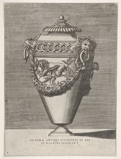 Antique Lidded Urn Decorated with a Motif of Diamond Rings and Lions, from Vases after the Antique