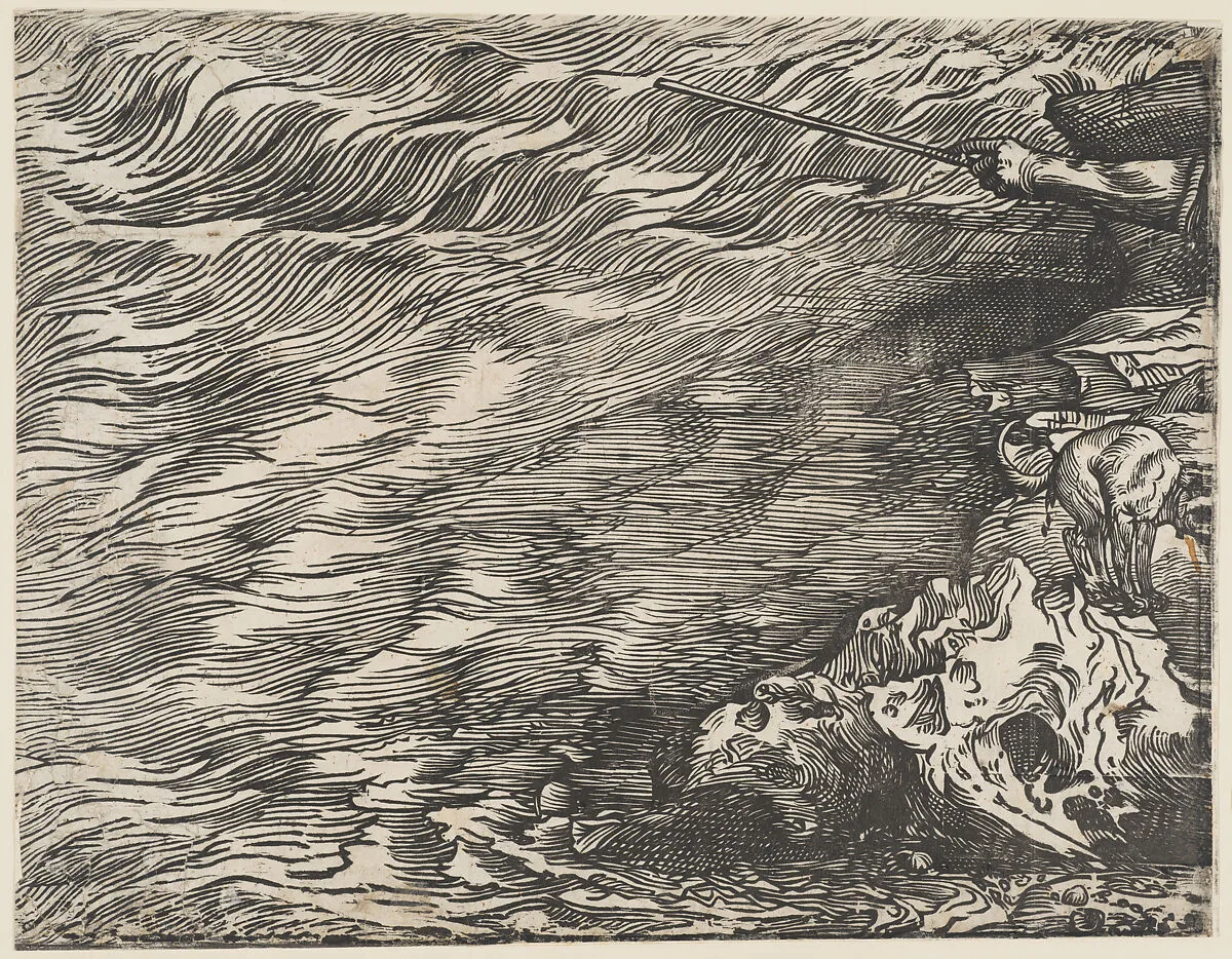 The Submersion of Pharoah's Army in the Red Sea, from twelve blocks: 'Block I, below Block H', showing the sea and a dog defecating — Domenico dalle Greche|Titian (Tiziano Vecellio)|Bernardino Benalio