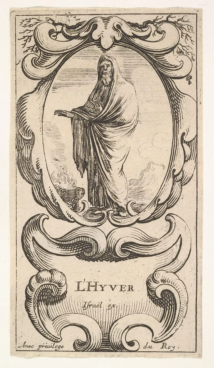 Winter, an old man wrapped in a cloak, warming his hands over a fire on the ground to left, within a cartouche decorated with bare tree limbs, from 'The four Seasons' (Les quatre Saisons) — Stefano della Bella|Israël Henriet