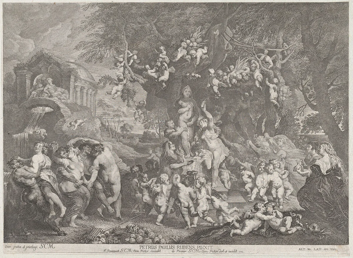 The Feast of Venus, with groups of satyrs, nymphs, and putti dancing around a statue of Venus — Frans van Stampart|Peter Paul Rubens|Anton Joseph von Prenner