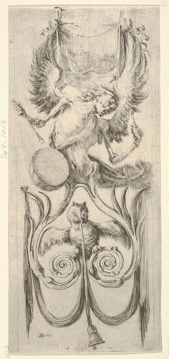 Death beating a drum above, an owl and a bell attached to a ribbon below, from 'Ornaments or Grotesques' (Ornamenti o Grottesche) — Stefano della Bella