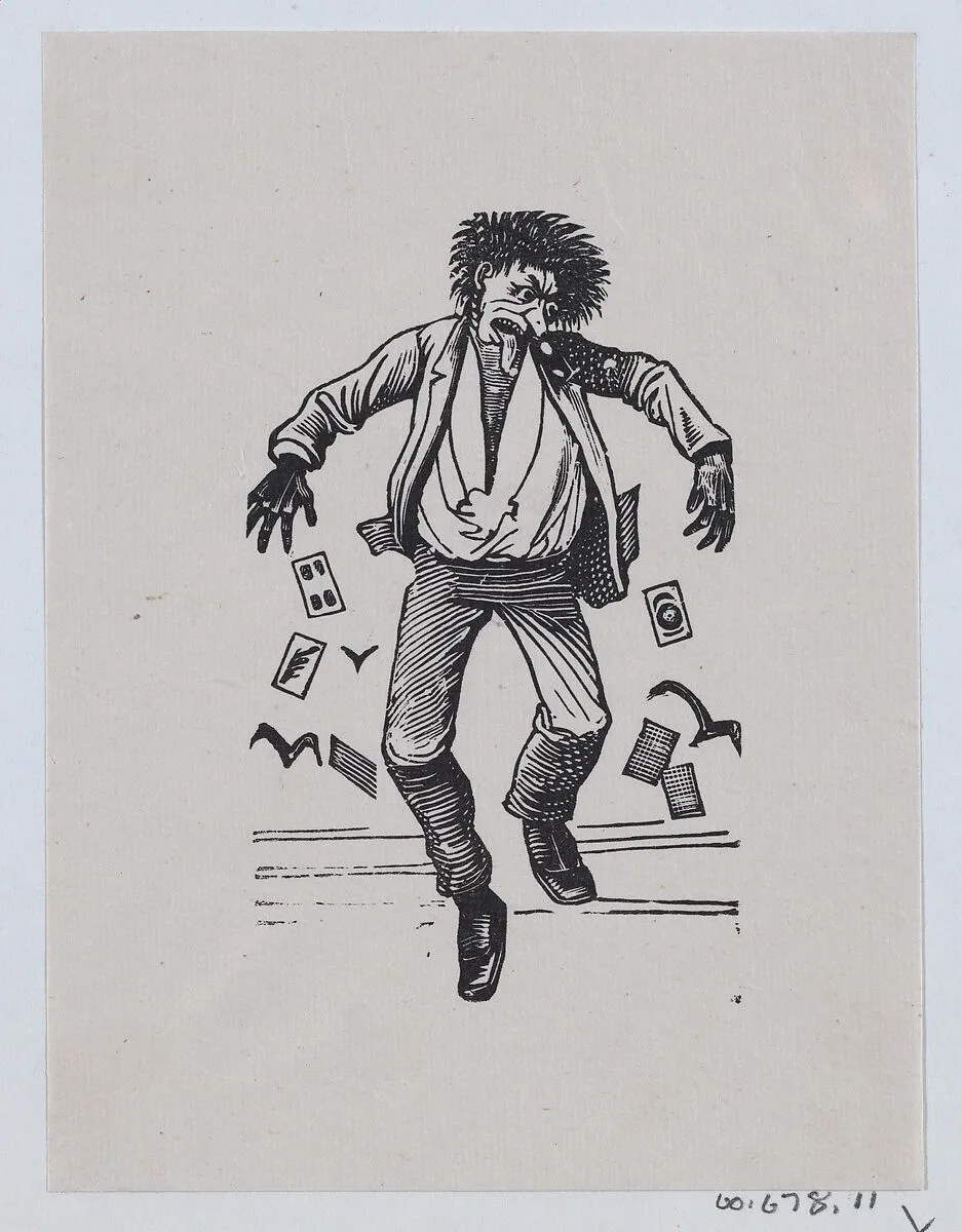 A man with his toungue out jumping in the air while cards fall out of his pockets — José Guadalupe Posada|José Sanchez