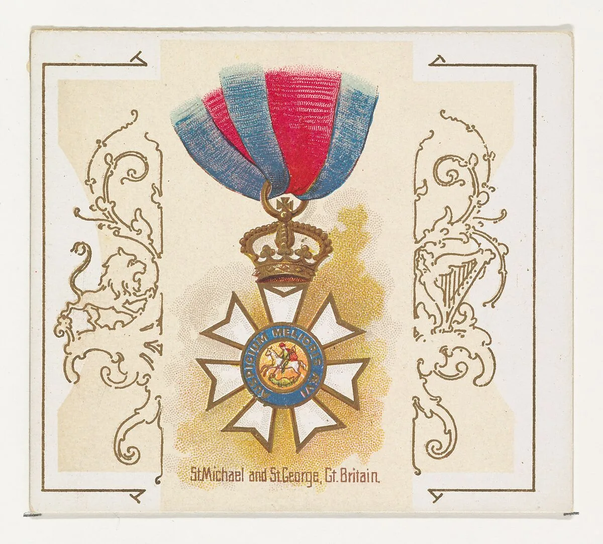 Saint Michael and Saint George, Great Britain, from the World's Decorations series (N44) for Allen & Ginter Cigarettes — Allen & Ginter|Lindner, Eddy & Claus