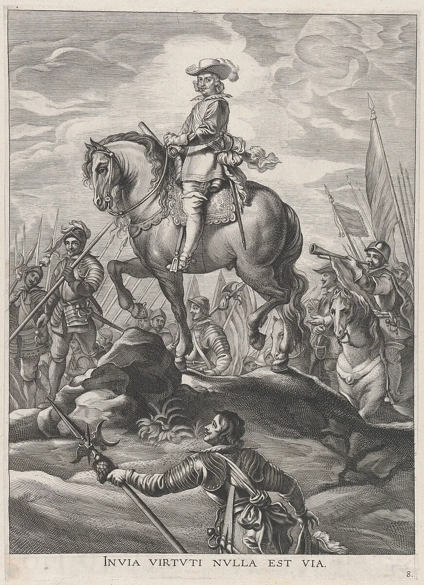 Plate 8: Ferdinand on horseback crossing the Alps; from Guillielmus Becanus's 'Serenissimi Principis Ferdinandi, Hispaniarum Infantis...' — Johannes Meursius|Pieter de Jode II|Cornelis Schut